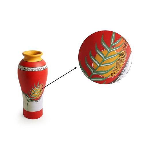 Leafy Warli Tales' Hand-Painted Terracotta Vase (Red)