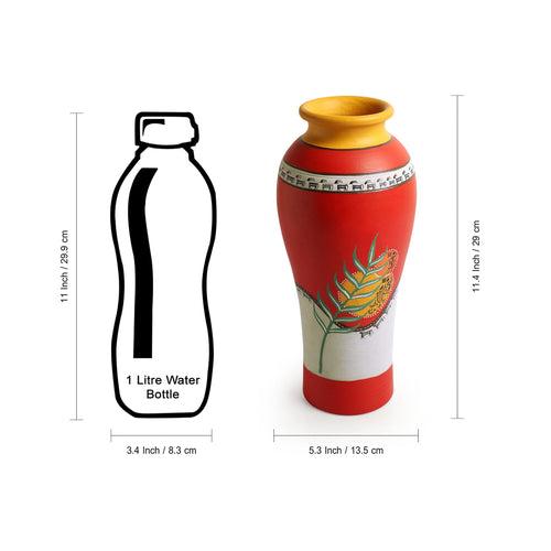 Leafy Warli Tales' Hand-Painted Terracotta Vase (Red)