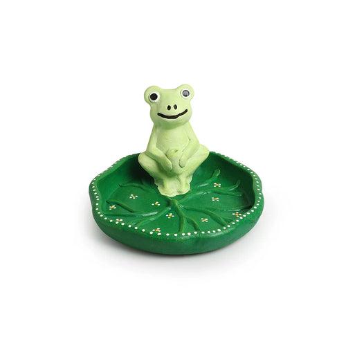 'Frog By a Pond' Hand-Painted Incense Stick Holder In Terracotta (2 Sticks Holder, 4.7 Inch)