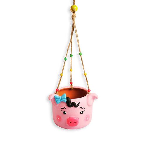 Oinking Piglet' Hanging Planter Pot In Terracotta (4.5 Inch, Handmade & Hand-Painted, Pink)