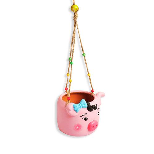 Oinking Piglet' Hanging Planter Pot In Terracotta (4.5 Inch, Handmade & Hand-Painted, Pink)