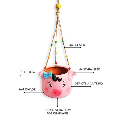 Oinking Piglet' Hanging Planter Pot In Terracotta (4.5 Inch, Handmade & Hand-Painted, Pink)