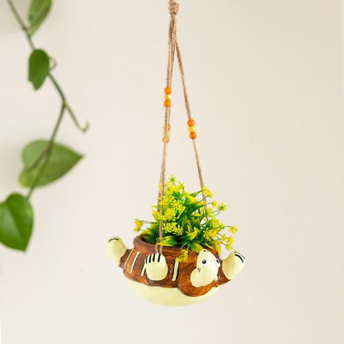 Toppled Turtle' Hanging Planter Pot In Terracotta (3.7 Inch, Handmade & Hand-Painted, Brown)