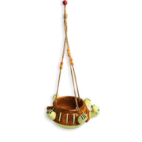 Toppled Turtle' Hanging Planter Pot In Terracotta (3.7 Inch, Handmade & Hand-Painted, Brown)