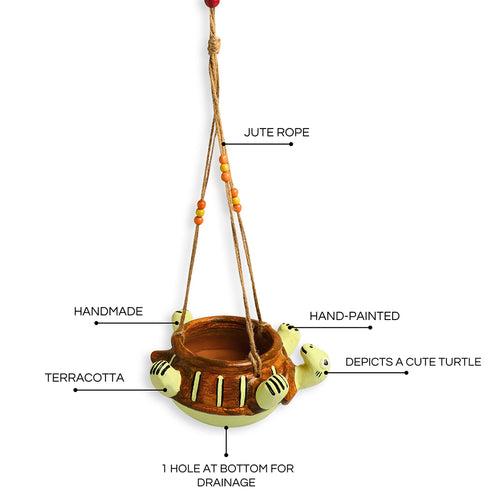 Toppled Turtle' Hanging Planter Pot In Terracotta (3.7 Inch, Handmade & Hand-Painted, Brown)