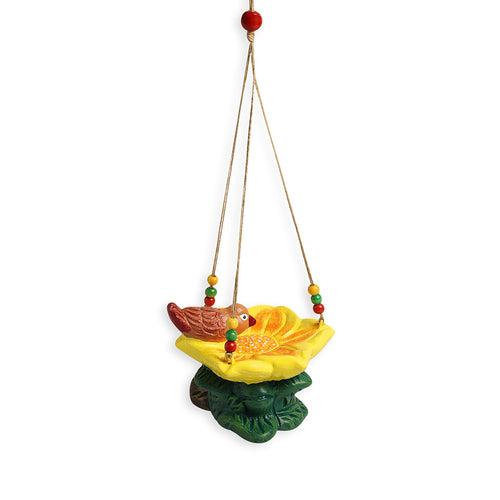 Thirsty Sparrow' Hand-Painted Terracotta Bird Feeder (4.1 Inch, Multicolored)