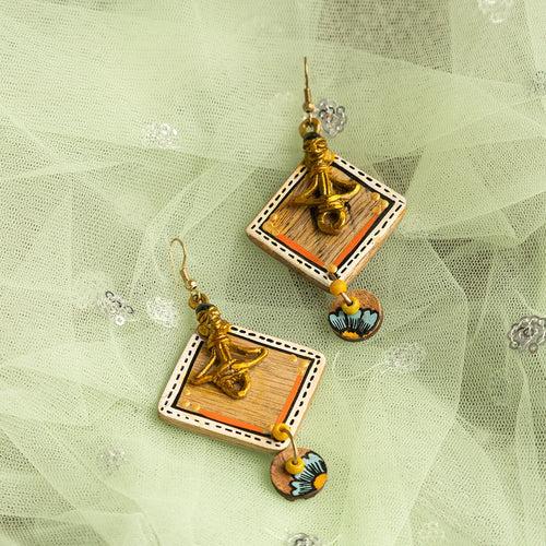 'Tribal Women' Bohemian Beaded Wooden & Brass Earrings (Dhokra Art, Handcrafted & Hand-Painted)