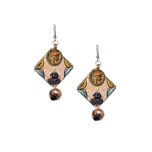 'Tribal Women' Bohemian Beaded Wooden & Brass Earrings (Dhokra Art, Handcrafted & Hand-Painted)