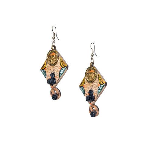 'Tribal Women' Bohemian Beaded Wooden & Brass Earrings (Dhokra Art, Handcrafted & Hand-Painted)