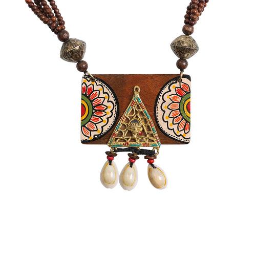 'Tribal Flora' Bohemian Beaded Sheesham Wooden & Brass Necklace (Dhokra Art, Handcrafted & Hand-Painted)