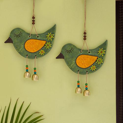 'Clinkering Sparrows' Handmade & Hand-painted Decorative Wall Hanging In Terracotta (Set of 2)