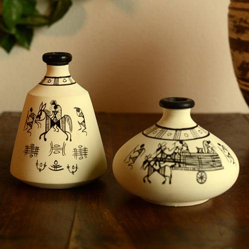 Terracotta Warli Handpainted Pots White Set Of 2