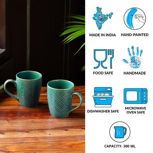 Moroccan Turqouise' Hand Glazed & Embossed Coffee Mugs In Ceramic (Set Of 2 | 300 ML | Microwave Safe)