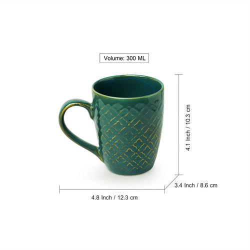 Moroccan Turqouise' Hand Glazed & Embossed Coffee Mugs In Ceramic (Set Of 2 | 300 ML | Microwave Safe)