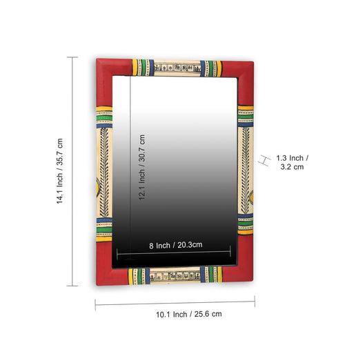 Warli Red & Golden' Hand-Painted Wall Mirror In Pine Wood (10 Inch)