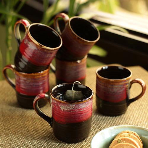 'Crimson Nightfalls' Studio Pottery Glazed Tea & Coffee Cups In Ceramic (Set Of 6)