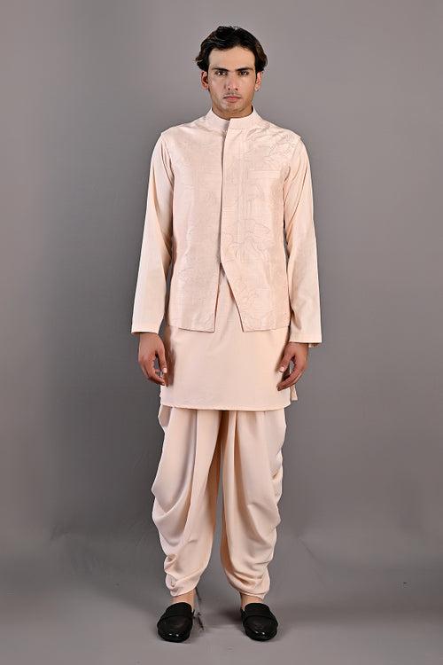 Cresento - Peach Abstract Embroidered Nehru Jacket With Kurta Set