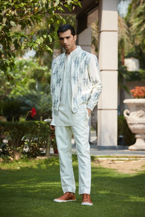 Zaire- Off White Abstract Embroidered Bomber Jacket With Kurta Set