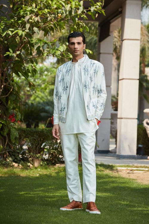 Zaire- Off White Abstract Embroidered Bomber Jacket With Kurta Set