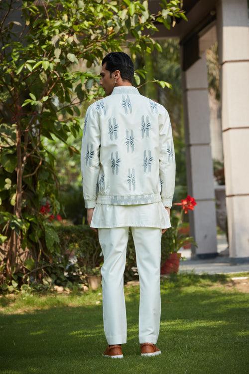 Zaire- Off White Abstract Embroidered Bomber Jacket With Kurta Set