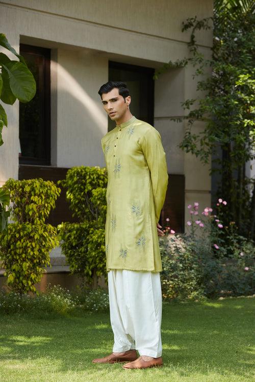 Rayyan- Sage Green Abstract Embroidery Kurta with Off White Salwar Set