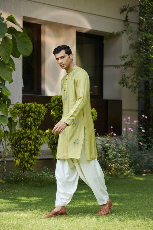 Rayyan- Sage Green Abstract Embroidery Kurta with Off White Salwar Set