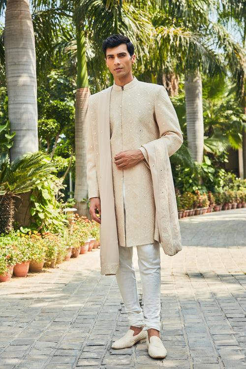 Hirav- Beige Chikankari Sherwani Set