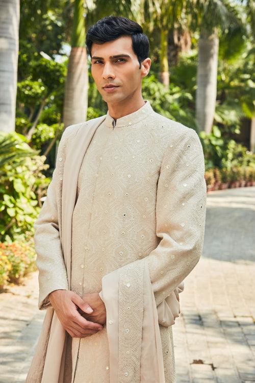 Hirav- Beige Chikankari Sherwani Set