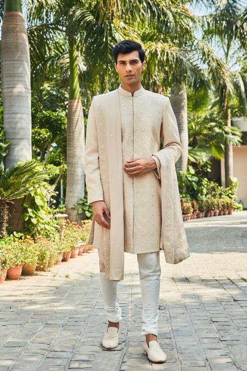 Hirav- Beige Chikankari Sherwani Set