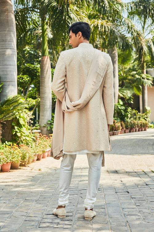 Hirav- Beige Chikankari Sherwani Set