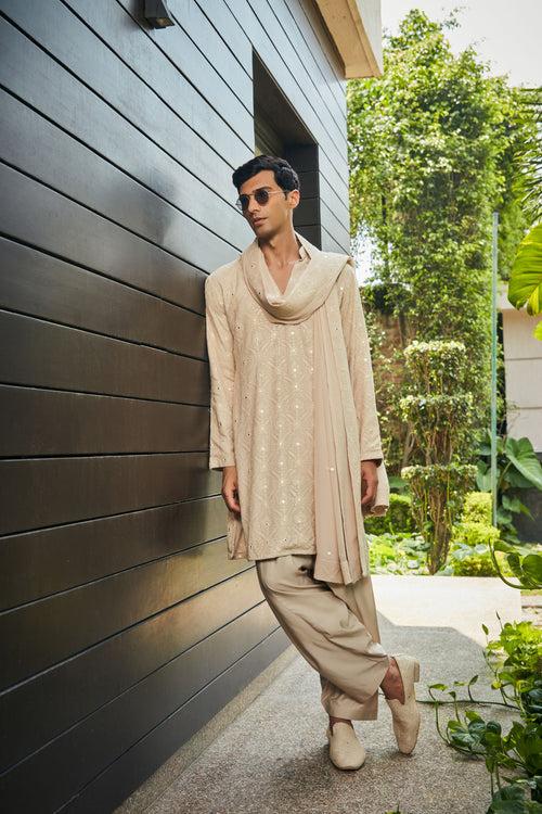 Udvah- Beige Chikankari Kurta Set