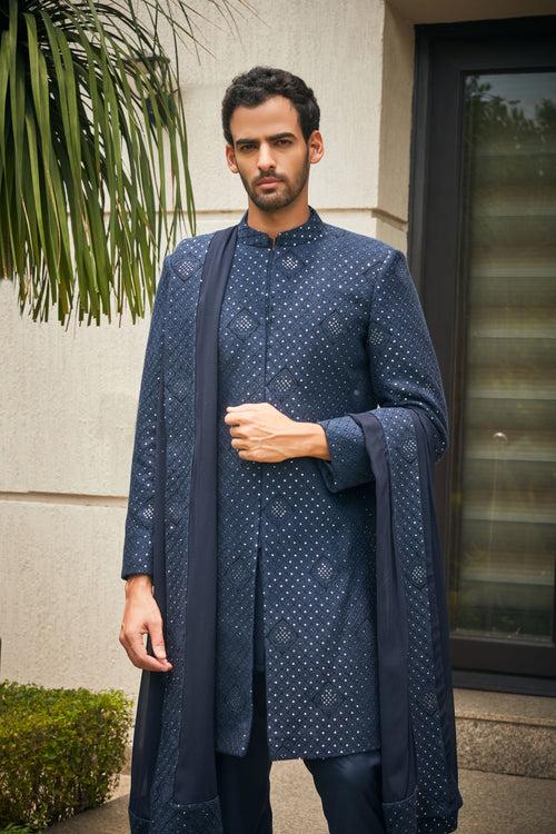 Anvit- Navy Blue Chikankari Embroidery Sherwani Set