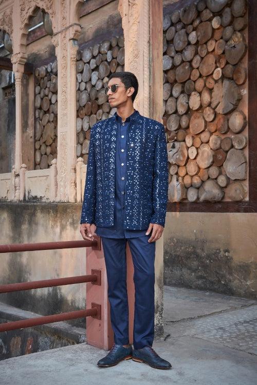 Owen- Navy Blue Chikankari Indo-Western Jacket Set