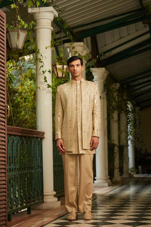 Calvin Embroidered Indowestern Bandgala in Beige Gold