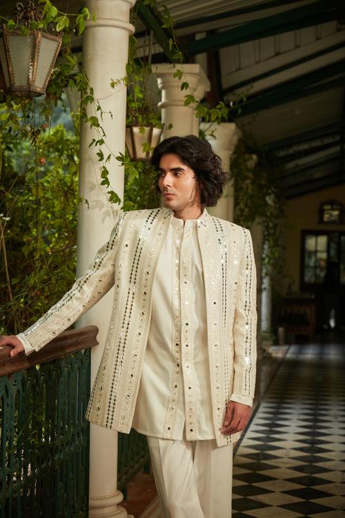 Leono - Embroidered Indowestern set in Milky White