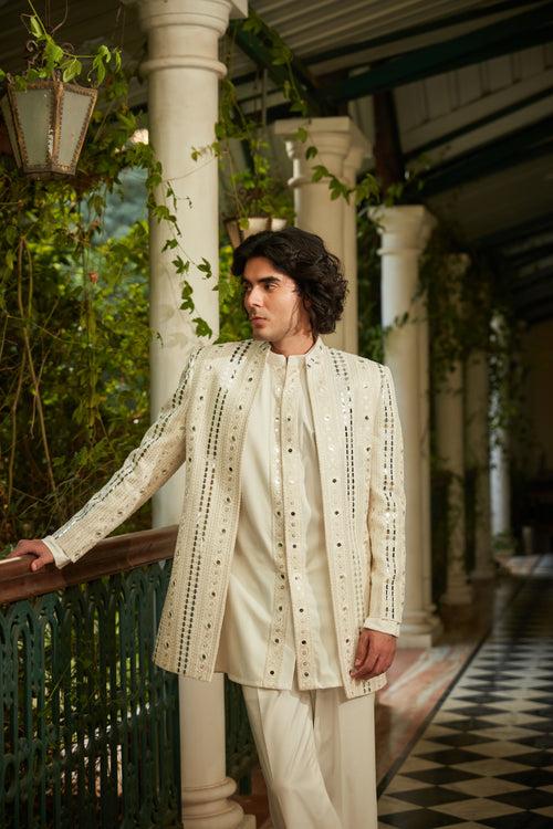 Leono - Embroidered Indowestern set in Milky White