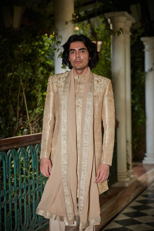 Sunlit - Embroidered Sherwani in Beige Gold