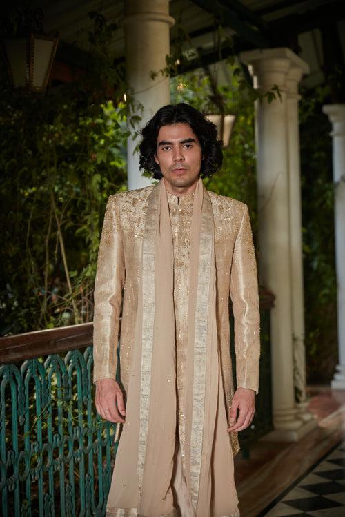 Sunlit - Embroidered Sherwani in Beige Gold