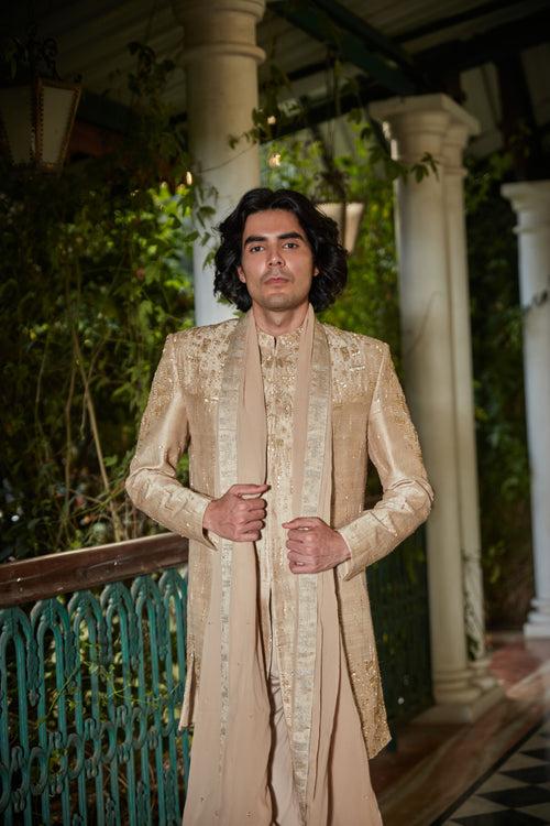 Sunlit - Embroidered Sherwani in Beige Gold