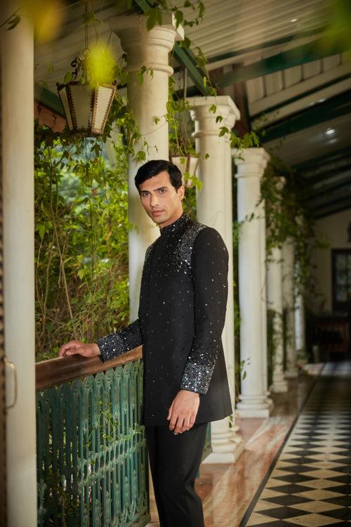 Celestia Embroidered Black sherwani set