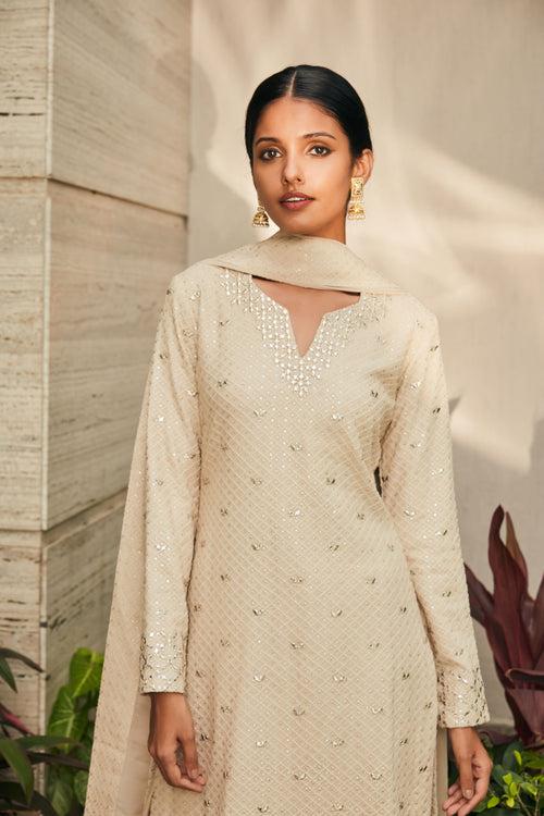 Avisa- Beige Mirror Work & Chikankari Embroidered Suit Set