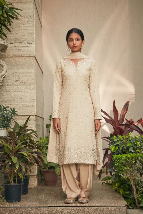 Avisa- Beige Mirror Work & Chikankari Embroidered Suit Set