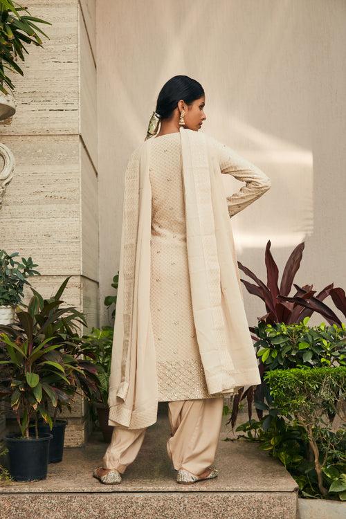 Avisa- Beige Mirror Work & Chikankari Embroidered Suit Set