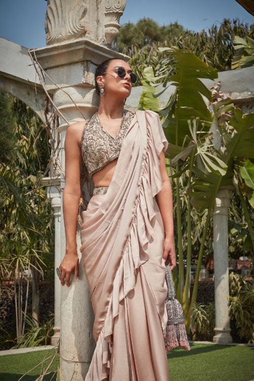 Vaire- Champagne Embroidered Ruffle Saree Set