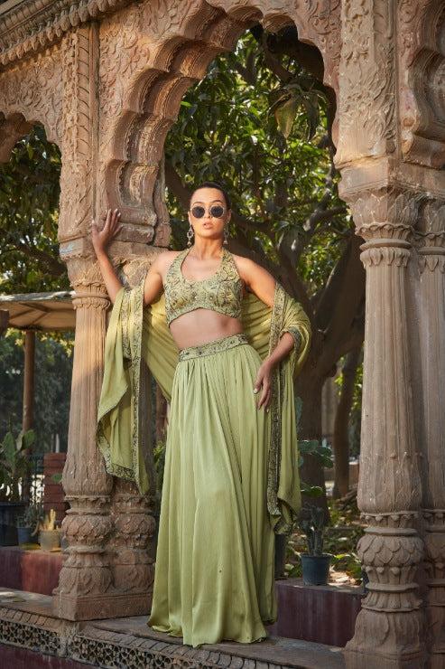 Aurora- Sage Green Embroidered Lehenga Set