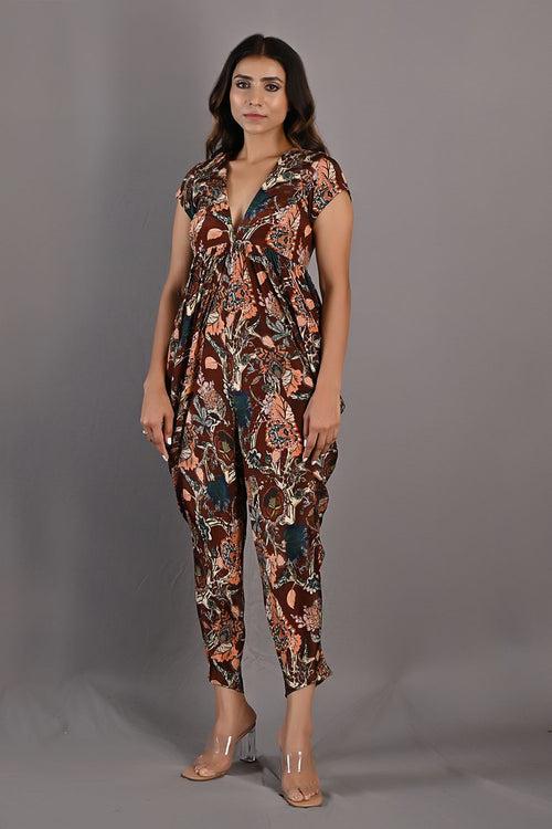 VARDA- MAROON & MULTI PRINTED DRAPED JUMPSUIT