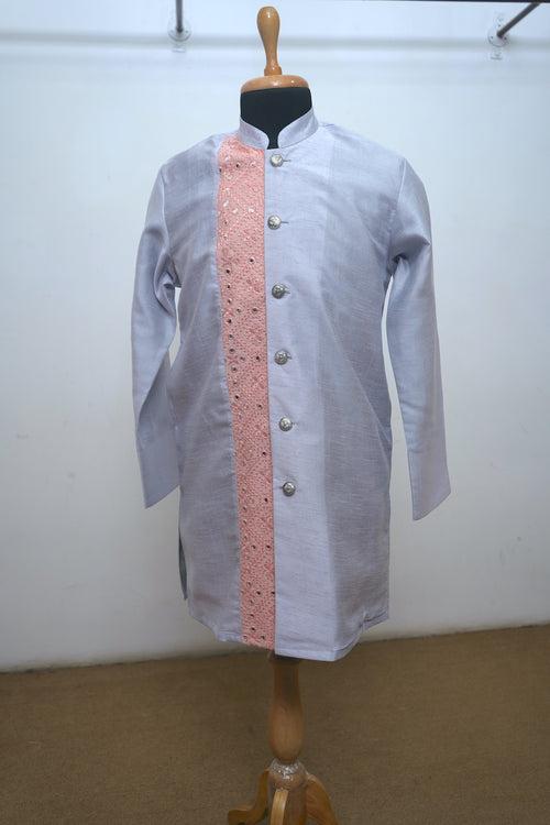 Peach Mirror Work With White Raw Silk Shirt