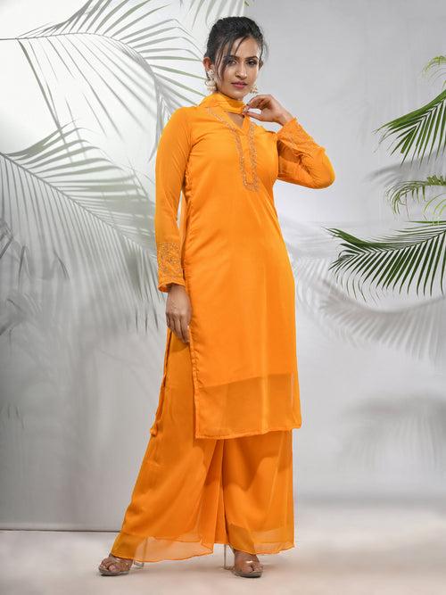 Yellow Georgette Suit Set With Beads Work