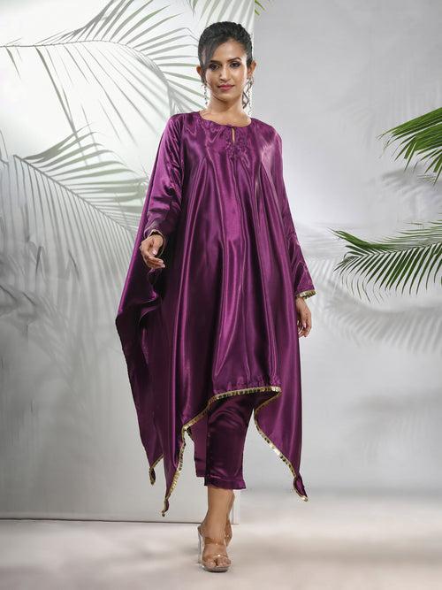 Purple Solid Satin Kaftan & Straight Pant Set With Sequins