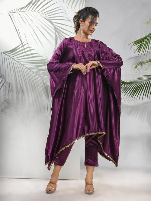 Purple Solid Satin Kaftan & Straight Pant Set With Sequins